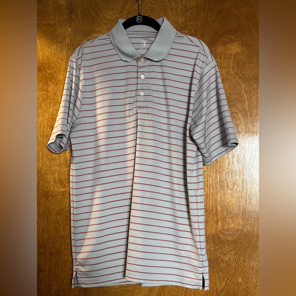 PGA Tour Men's Striped Polo Shirt - Light Gray with Red Stripes